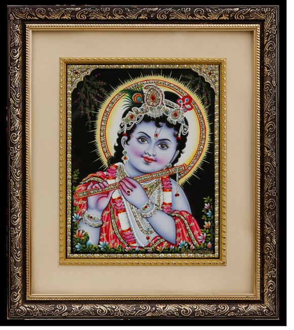 Baby Krishna Basuri Leela Tanjore, Gold Art Painting