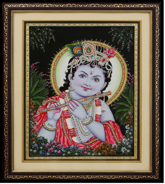 Baby Krishna Bansuri Leela Tanjore,Gold Art Painting