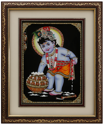 Baby Krishna Makhan Chor Leela Tanjore, Gold Art Painting
