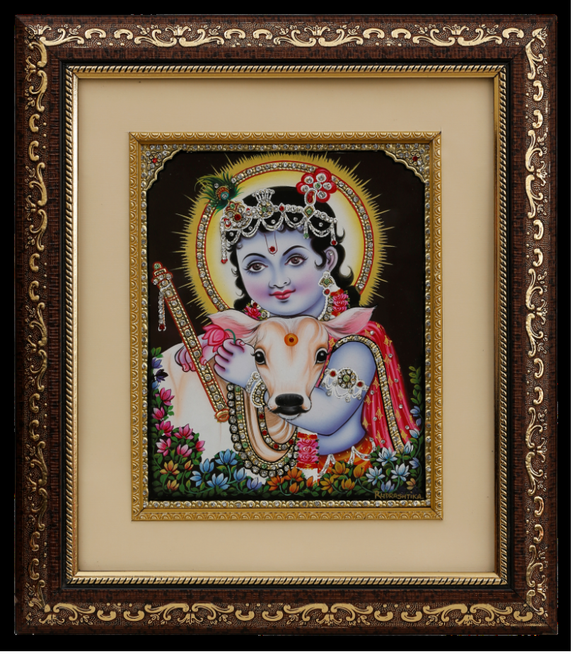 Gopal Leela with Cow Tanjore.Gold Art Painting